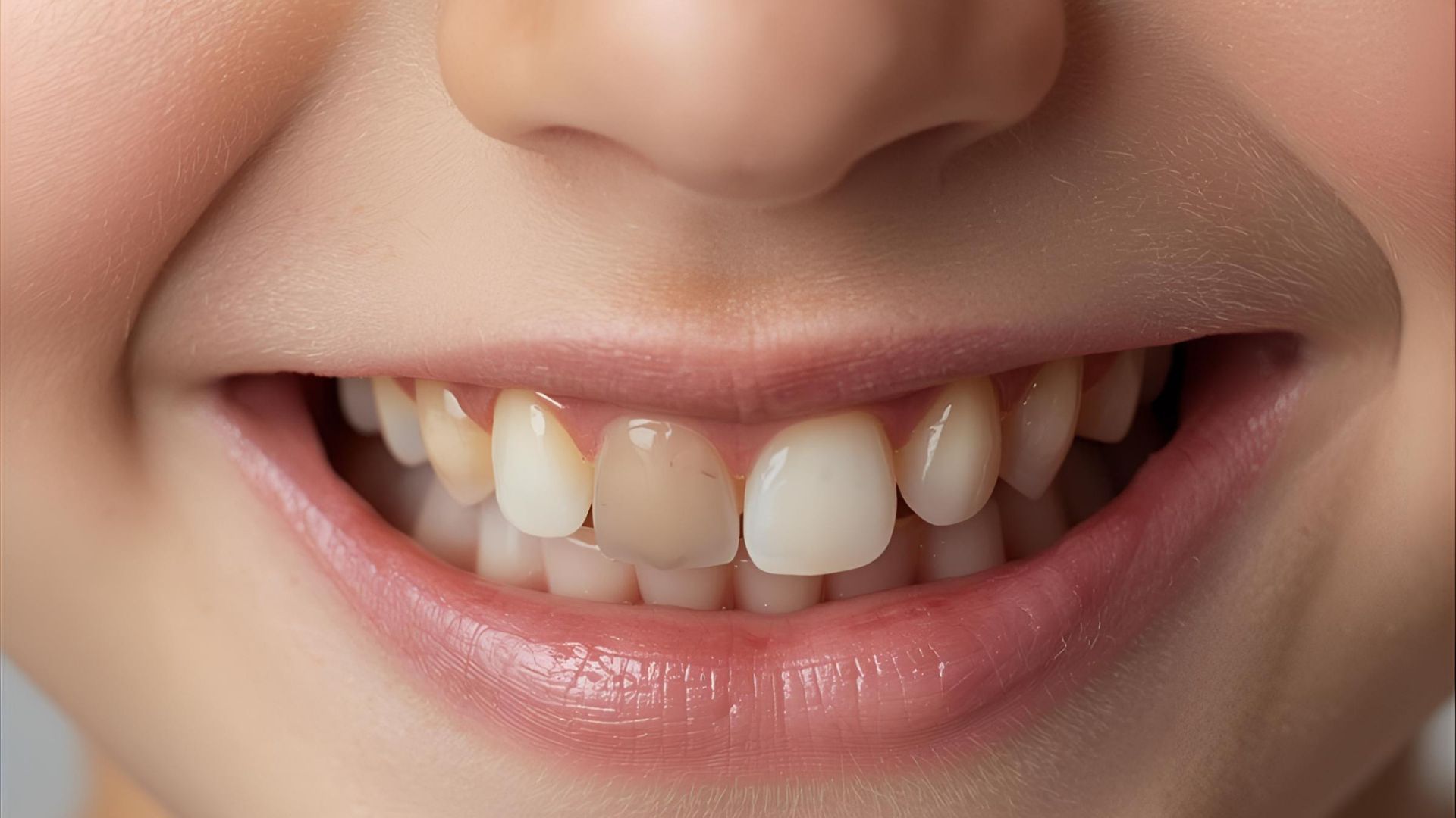 sonrisa con un diente de leche gris